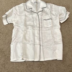 Ettitude L Short Sleeve Sateen Sleep Shirt White Black Trim Organic Bamboo New